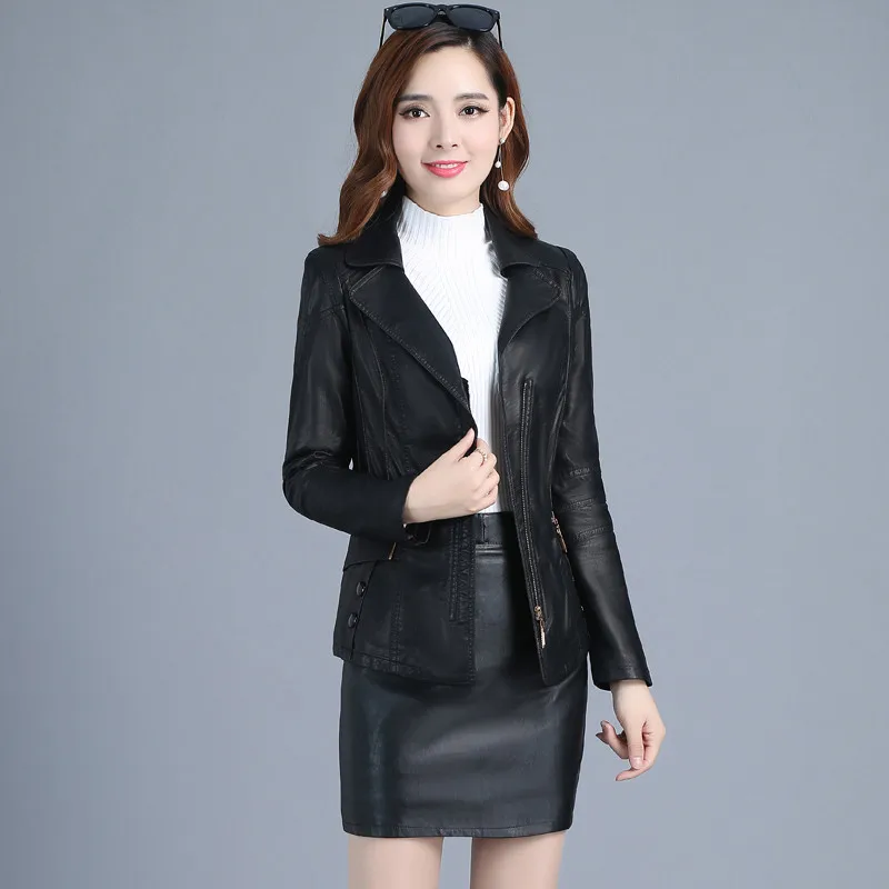 Новая дизайнерская Весенняя женская куртка из искусственной кожи на молнии размера плюс 5XL, мотоциклетная куртка из искусственной кожи, куртка-бомбер C4066 - Цвет: black