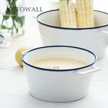 ANTOWALL, керамическая эмалированная посуда ramen, двойная чаша для ушей, новинка, из костяного фарфора, синяя сторона, белый цвет, миска для быстрого приготовления лапши
