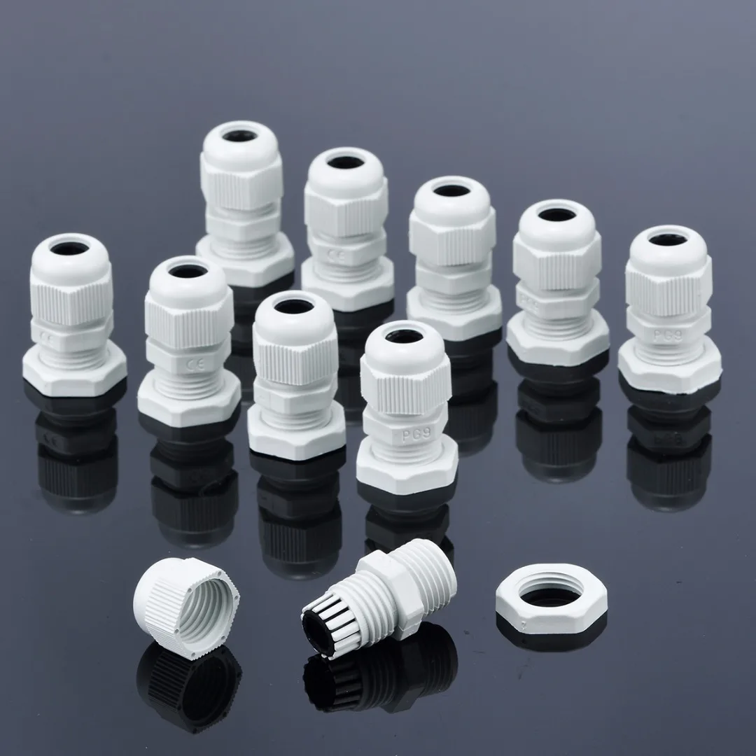 

10PCS PG9 Nylon Plastic Waterproof Cable Glands Connectors Joints Cable Range 4-8mm Black/White for Machine Control Box