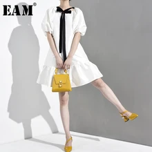 [EAM] New Spring Summer Round Neck Short Sleeve White Ruffles Hem Bandage Bow Big Size Dress Women Fashion Tide WD5070