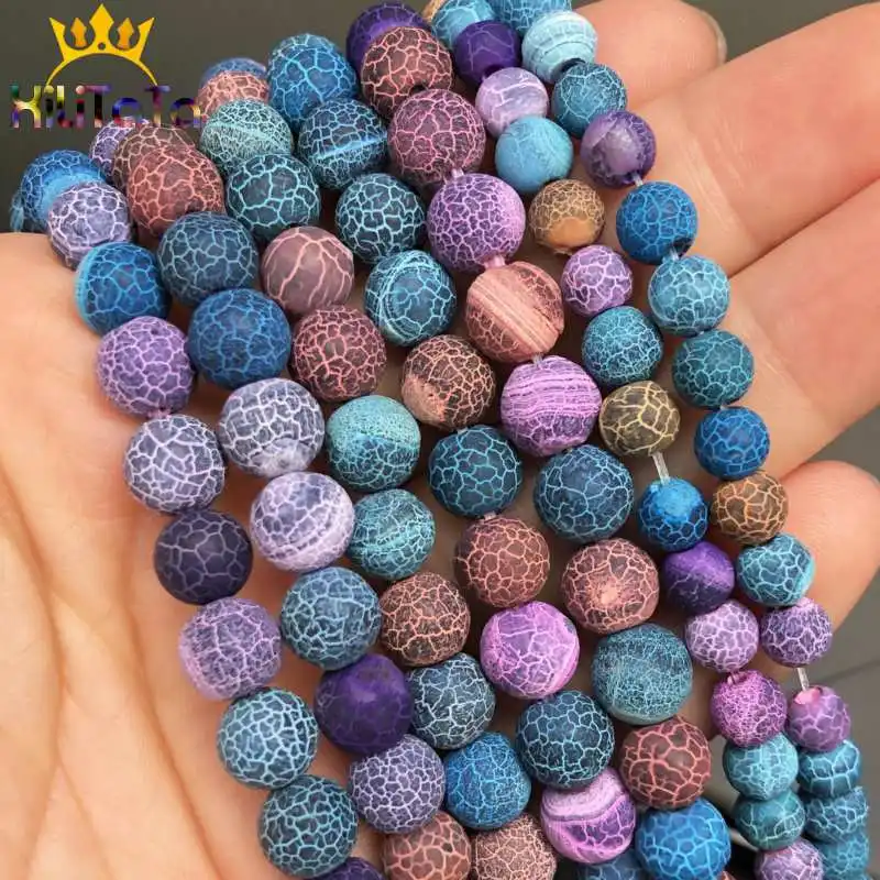 Natural Stone Beads Frost Colorful Cracked Dream Fire Dragon Veins Agates Beads For Jewelry Making DIY Bracelet 15‘’ 6/8/10mm