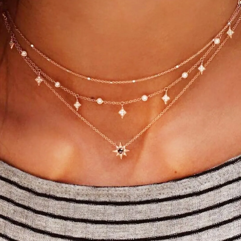 

Fashion Stars Zircon Beads Sun Flower Pendant Thin Multi Layers Necklaces Gold Rhinestone Choker Necklace Jewelry Gift