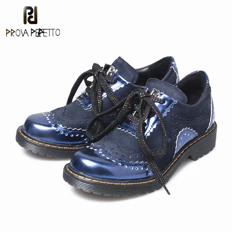 

Prova Perfetto New Design England Style Genuine Leather Sewing Patchwork Shoes Round Toe Hoof Heel Lace Up Leisure Sneaker Shoes