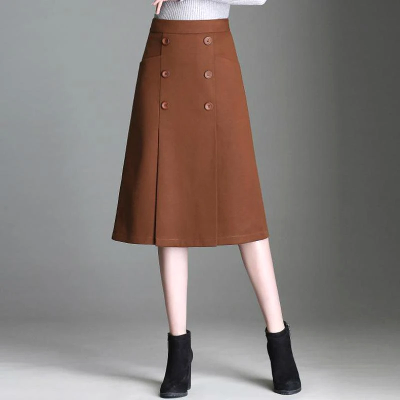

Winter Fall Fashion Office Lady Women Camel Woolen Buttons Mid-calf Wool Skirt , Female Woman 4xl Double Breasted Woolen Skirts