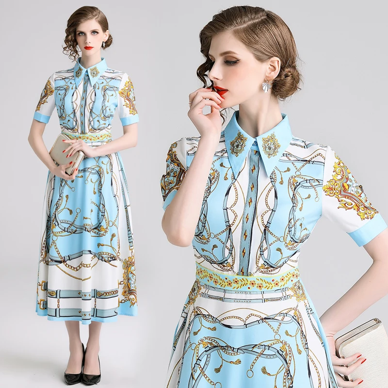 

new summer women's dresses with vintage dresses turn-down collar dresses and short sleeve print dresses