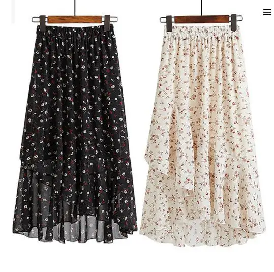 

Women's Bohemian Beach Chiffon Skirts Female Summer 2019 New Floral Lace Up Skirt Ruffled Irregular Skirts