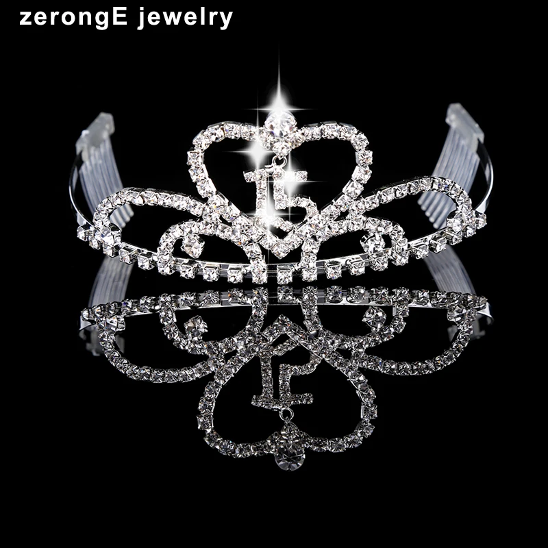 

zerongE jewelry wholesale free shipping custom silver rhinestone Sweet 15 & 16 Birthday Crystal Heart Star Quinceanera Tiara