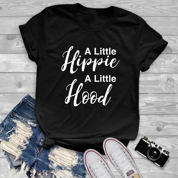 

Unisex Short Sleeve Summer Cotton tee A little hippie A little hood Letter Slogan T-Shirt Girl Black Clothes Graphic Outfits Top