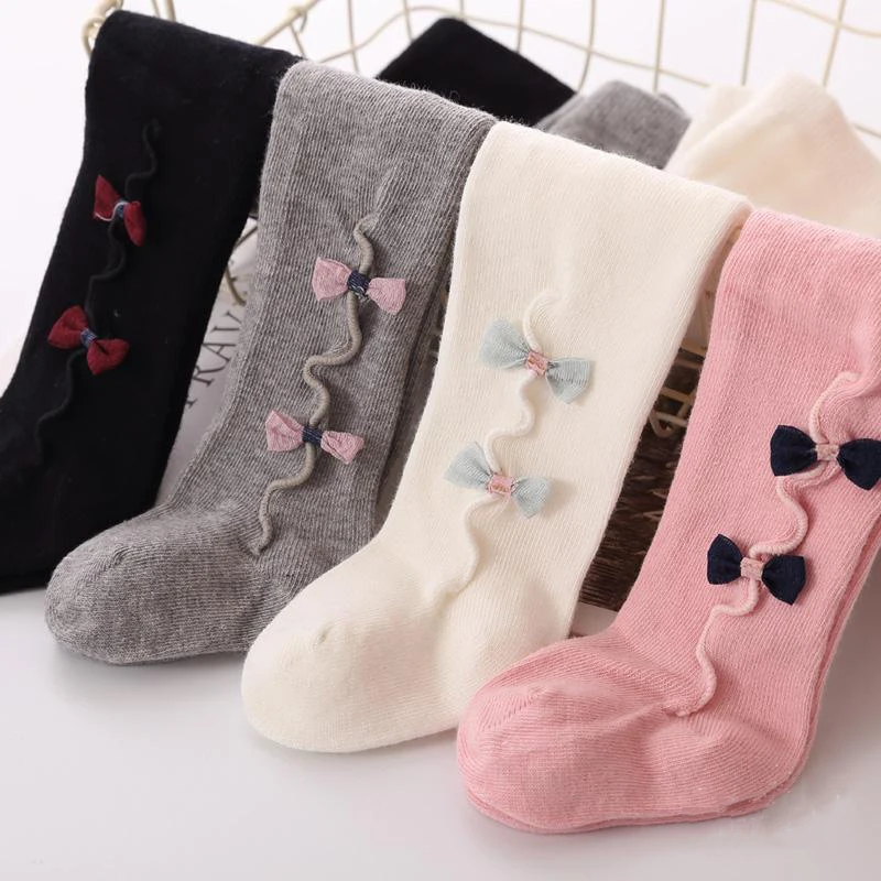 Чулки для маленьких девочек хлопковые теплые осенне зимние чулки с бантом белые