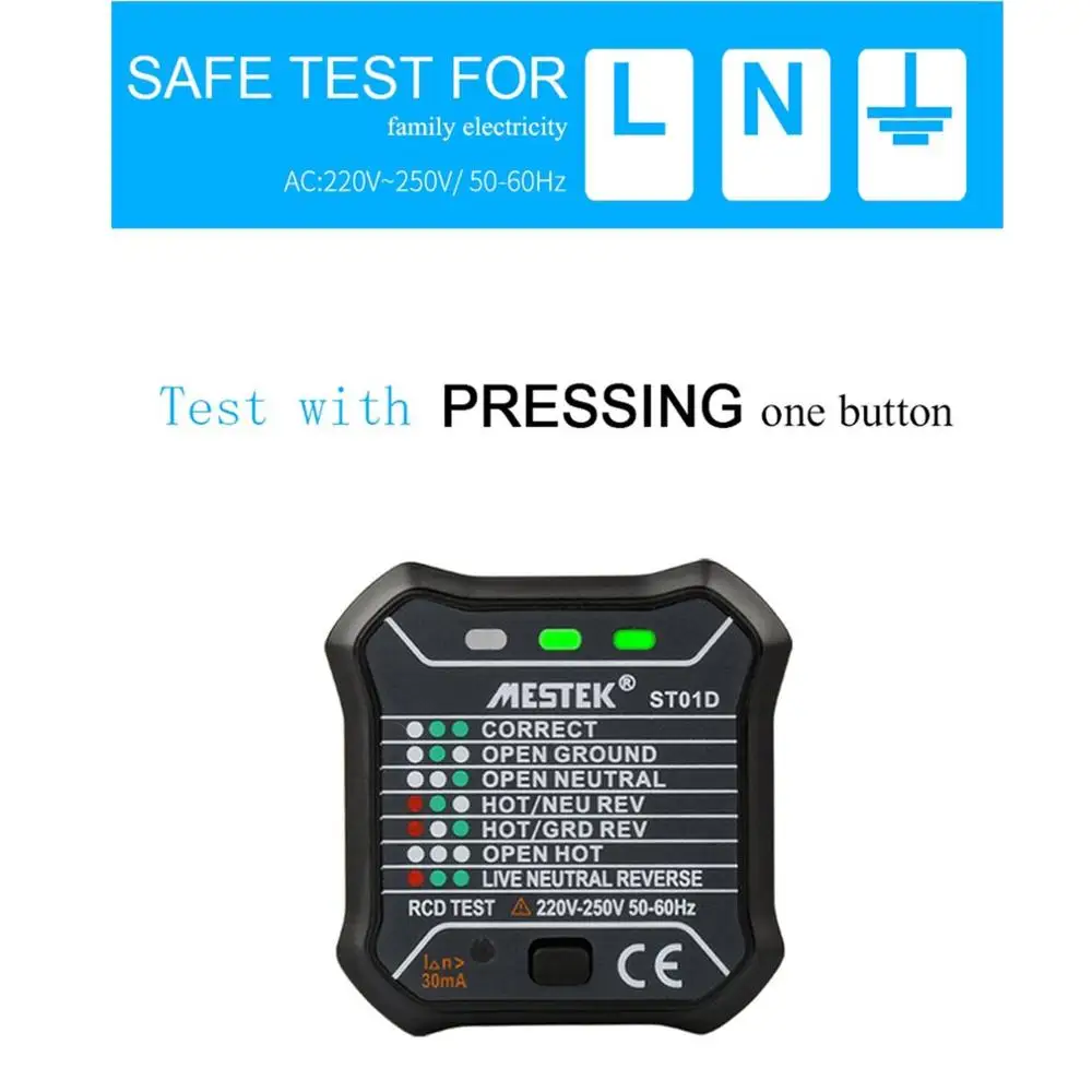 

MESTEK ST01E Socket Outlet Tester Circuit Polarity Voltage Detector Wall Plug Breaker Finder RCD Test 220V~250V UK Plug