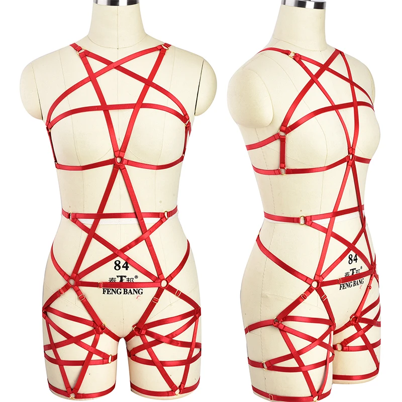 

Red Pentagram Body Harness Punk Pole Dance Gothic Harness Bra Rave Pentagram Leg Garter Belt Bondage Sexy Lingerie set