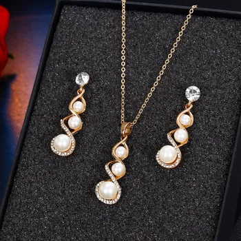 

VKME Fashion Crystal Drop Necklace Earring Jewelry Set Ms. Bride Pearl Jewelry Set Charm Gift