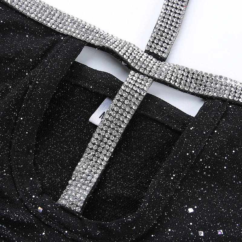 Sweetown блестящий сексуальный женский комплект 2 шт. с бриллиантовым воротником-чокером, укороченный топ и шорты, комплект летней одежды для женщин, спортивный костюм