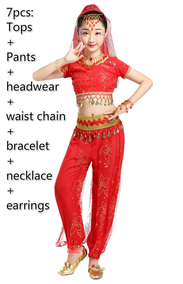 Детские восточные костюмы для танца живота, одежда для соревнований, детская одежда для индийских танцев, одежда для выступлений, танцевальная одежда Болливуда, 3 цвета - Цвет: 7pcsc red