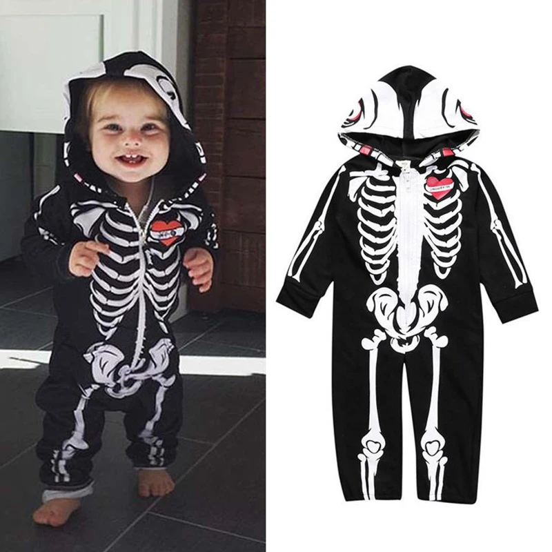 Bebé niños Halloween ropa calavera impresión niños niñas mamelucos con capucha mono Bebe calavera Trick ropa cremallera trajes Bebé niños Halloween ropa calavera impresión niños niñas mamelucos con capucha mono Bebe calavera Trick ropa cremallera trajes