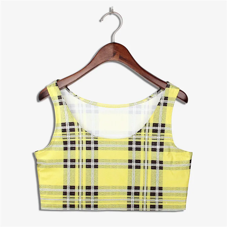 2015 New Wild Sexy U neck Girls Casual Crop Top Yellow Stripe Grid