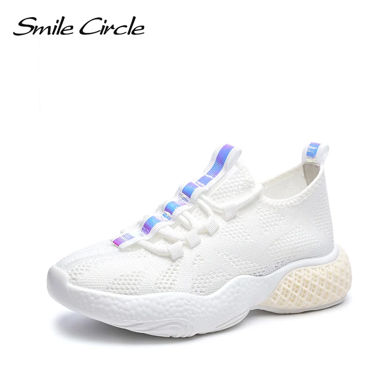

Smile Circle Women knitting Sneakers Flat Platform shoes Women 2019 Spring Thick bottom Breathable Lace-up casual Ladies sneaker