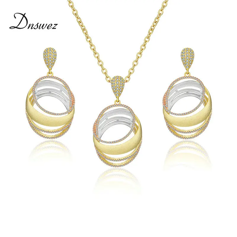 

Dnswez Three Tone Gold Geometric Line Cross Jewelry Sets Tricolor SandBlast AAA Zircon Setting Europe Fashion Conjuntos de joyas