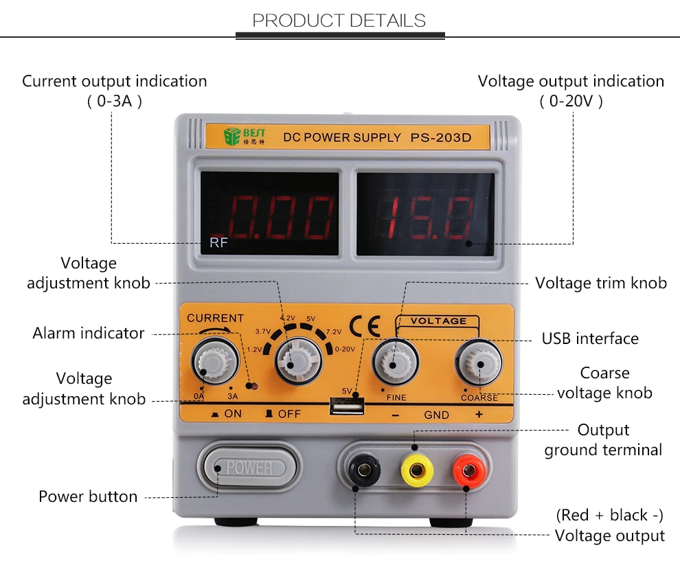 BEST-PS-203D 20V 3A DC Регулируемый источник питания для ремонта мобильного телефона, светодиодный дисплей, прибор для обнаружения сигнала