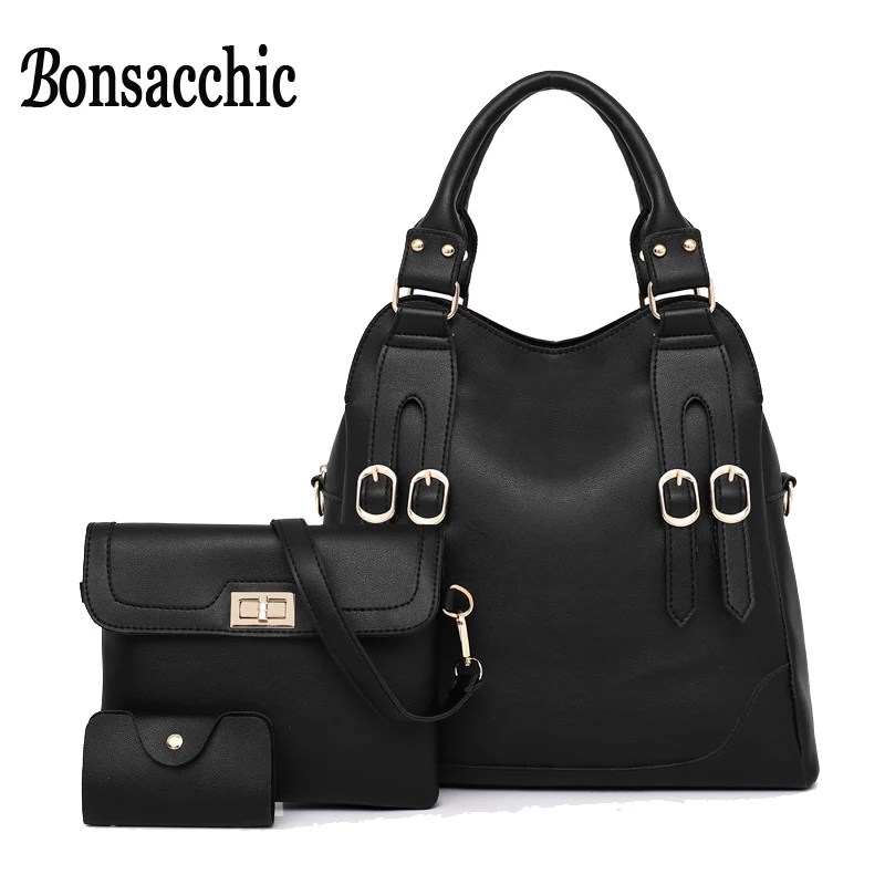 Bonsacchic 3pcs Black Leather Tote Bag Female Shoulder Bag Handbags Women Famous Brand Women Messenger Bag Set Bolsas Feminina