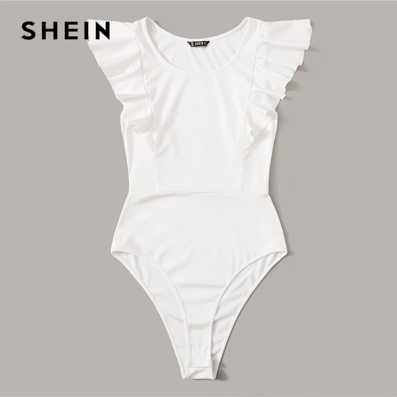 Женское боди без рукавов SHEIN однотонное Белое Облегающее с оборками и круглым