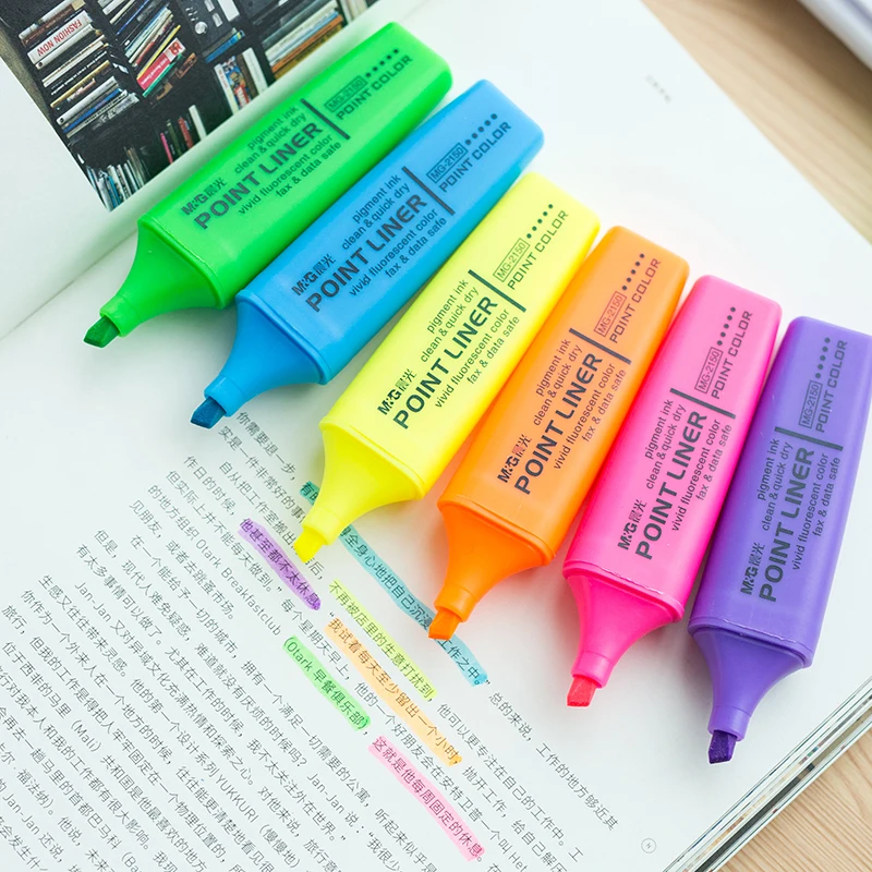 

6 pcs/Lot Point liner highlighter Fluorescente pigment ink marker pen Clean & Quick dry Office accessories School supplies 6632