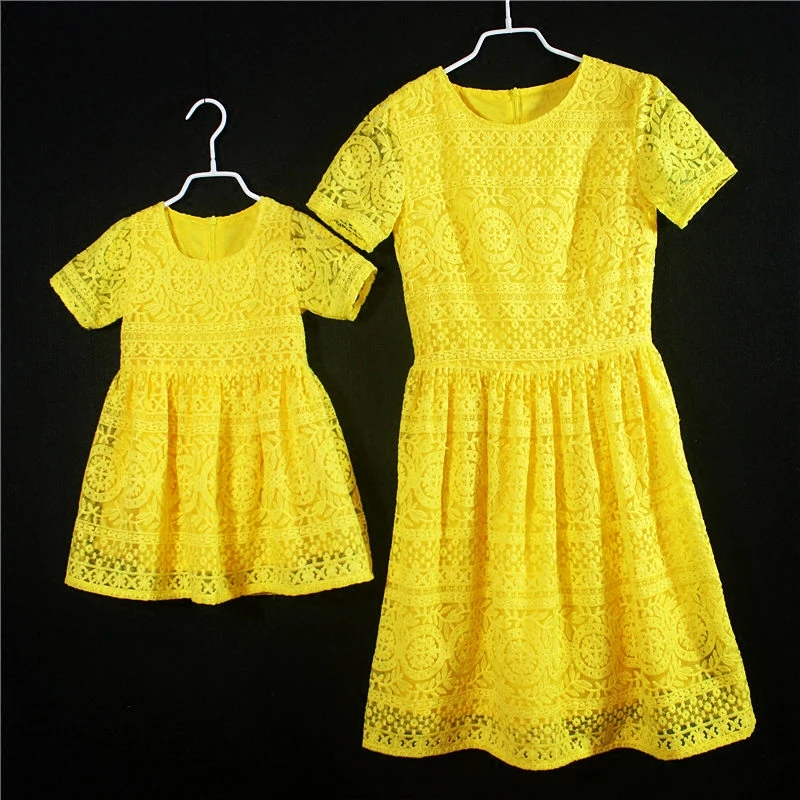 European American Summer fashion kids girls formal party skirts children birthday dress mother and daughter yellow lace dresses