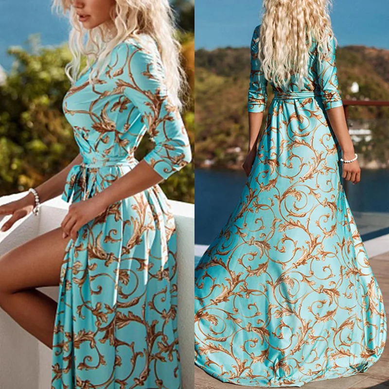 

Women Dress Bohemian Retro Printed Half Sleeve V-neck Beach Long Dress
