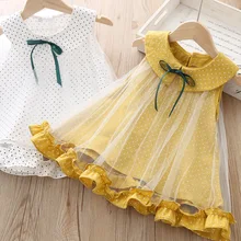 Летнее платье с рюшами для маленьких девочек детской одежды с принтом в горошек фатиновые вечерние платья с бантом спереди для маленьких девочек