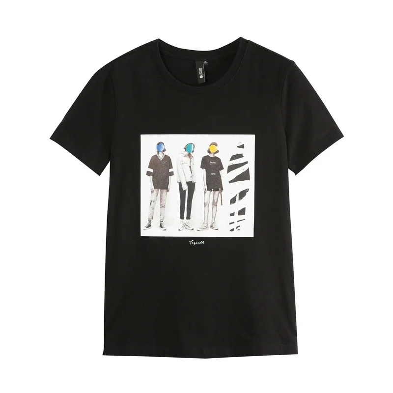 Toyouth, Женская Весенняя футболка, круглый вырез, принт, пэчворк, короткий рукав, рубашки, женские повседневные хлопковые топы - Цвет: black