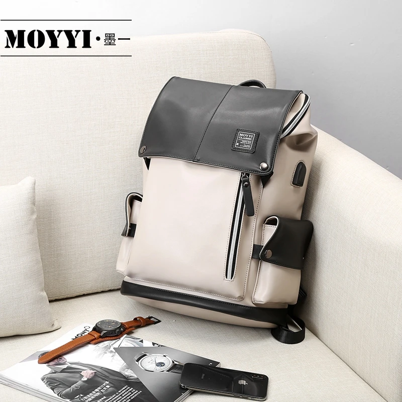 

MOYYI PU Contrast Color Backpack USB Charging Plug for 14 Laptop Backpacks For Teenager Fashion Male Mochila Travel Bag