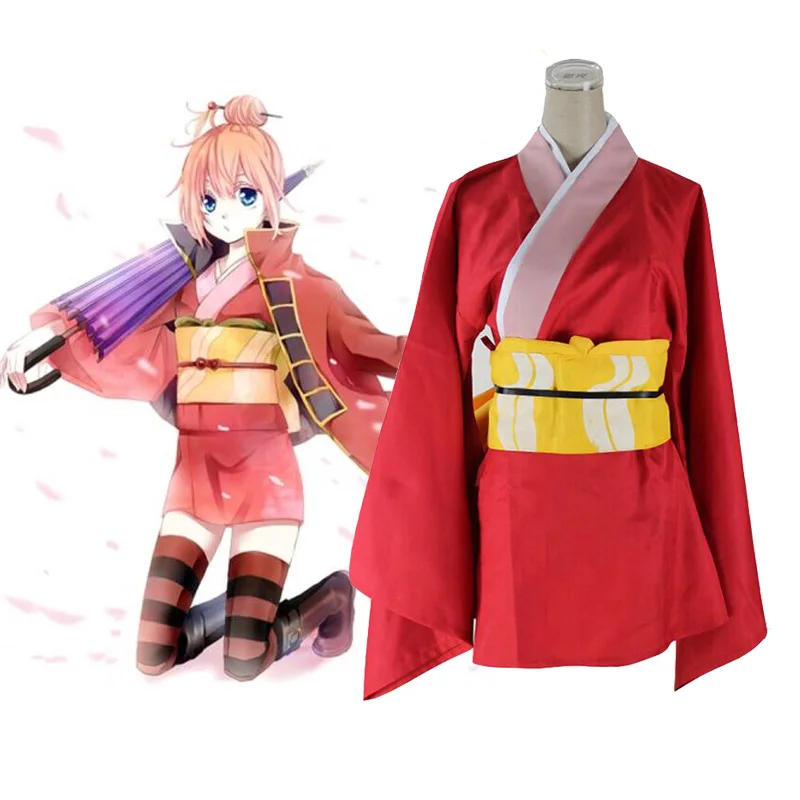 

Gintama Cosplay Kagura Japanese Kimono Halloween Party Costumes Silver Soul Red Outfit