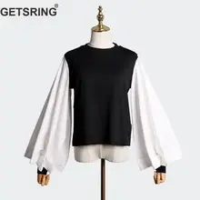 GETSRING, женская футболка, черная, белая, Лоскутная, футболка с длинным рукавом, свободные, тонкие, футболки, подходят ко всему, женские топы, хлопковые футболки, топы