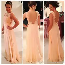 New 2016 A-line High Collar Floor Length Peach Chiffon Lace Long Bridesmaid Dresses Cheap Under 50 Wedding Party Dresses
