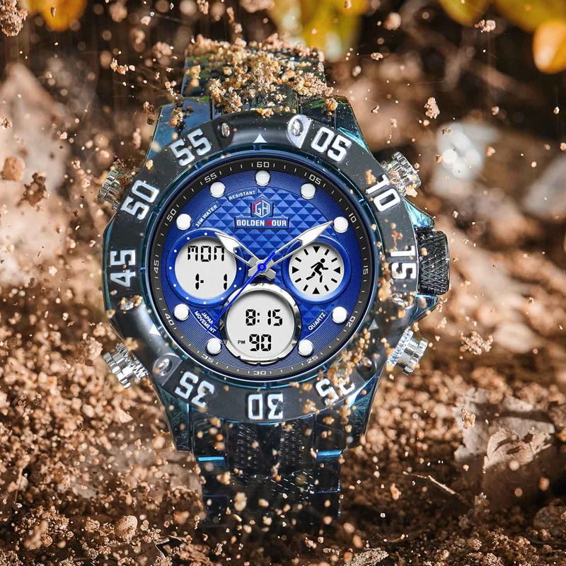 GOLDENHOUR Роскошные брендовые Синие Деловые армейские военные спортивные часы мужские стальные Цифровые кварцевые аналоговые часы Relogios Masculino