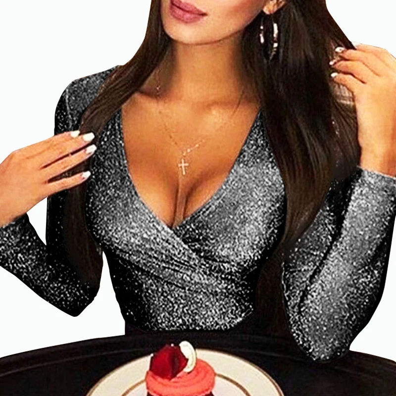

Shine Skinny Bodycon Body Tops Glitter Sexy Women Bodysuits Deep Draped Wrap V-neck Romper Fitness Jumpsuits Club Overalls M0394