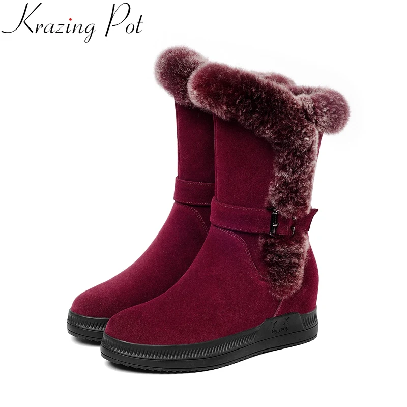 

Krazing Pot 2019 superstar cow suede keep warm zipper platform height increasing snow boots sweet round toe mid-calf boots L3f4