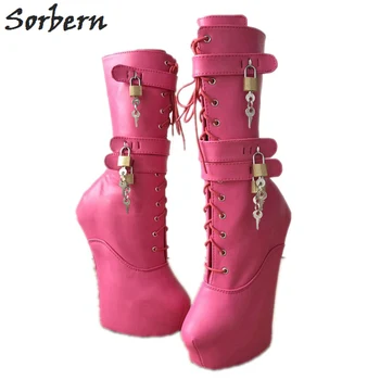 

Sorbern Hot Pink Custom Mid Calf Women Boots Cross Tied Lace Up Platform Boots Hoof Wedge Heelless Short Booties 2018 Woman