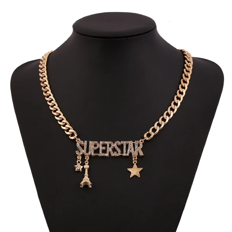 

European Fashion Letter SUPERSTAR Pendant Necklace With Star Eiffel Tower Hiphop Iced Out Crystal Chocker Neckless For Women