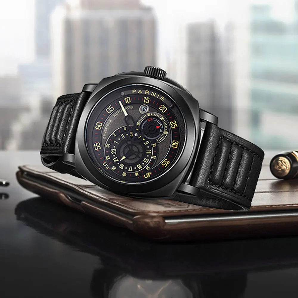 2019 Newest Issue Mens Watch 44mm Parnis Black Dial Top Brand Luxury Automatic Movement Watches PVD