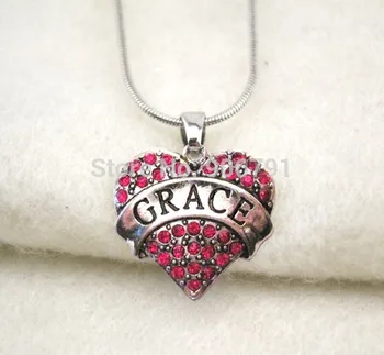 

fashion 50pcs a lot rhodium plated GRACE with red crystal heart pendant necklace