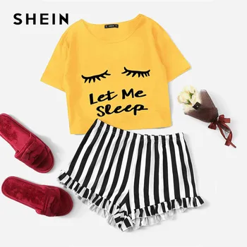 

SHEIN Ginger Graphic Tee And Frilled Striped Shorts Pajamas For Women Round Neck Short Sleeve 2019 Summer Pajama Sets NightWear