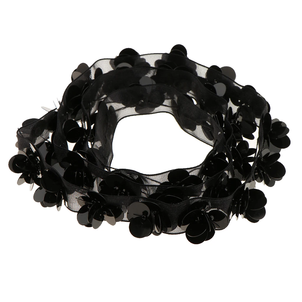 1 Yard 15mm Black Sequins Flower Beaded Lace Trim Ribbon Vintage Mesh Fabric Paillette DIY Sewing Apparel Wedding Decoration