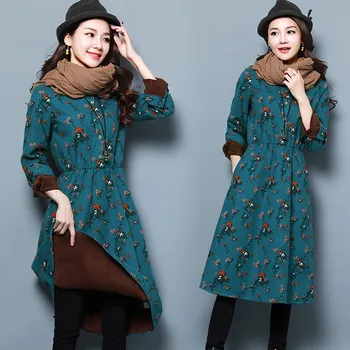 

2019 Vintage Cotton Linen Print Women casual Plus Velvet long-sleeved Loose Autumn Winter Dress Vestidos femininos Dresses X233