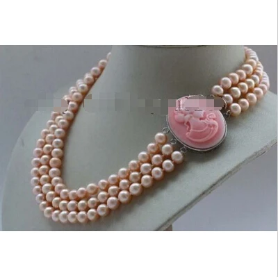 

shipping 17-18-19" 3Rows Genuine Natural 8mm Pink Round Pearl Necklace Cameo #f2387