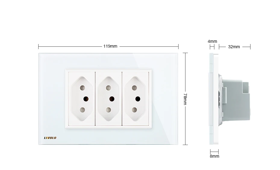 Livolo бразильский/Итальянский стандарт 3 контакта 10А гнездо, белая/черная стеклянная панель без вилки, C9C3CBR1-11/12