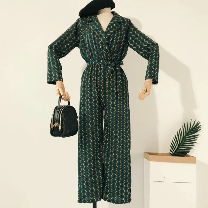 green Neploe, женские комбинезоны с геометрическим узором, лето, v-образный вырез, длинный рукав, на завязках, модные комбинезоны с высокой талией, 43974 - Цвет: green
