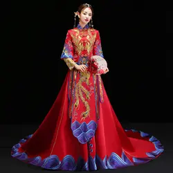 Невесты Cheongsam Винтаж китайский стиль свадебное платье ретро тост Костюмы Леди Вышивка Феникс брак Qipao красный S-XXL