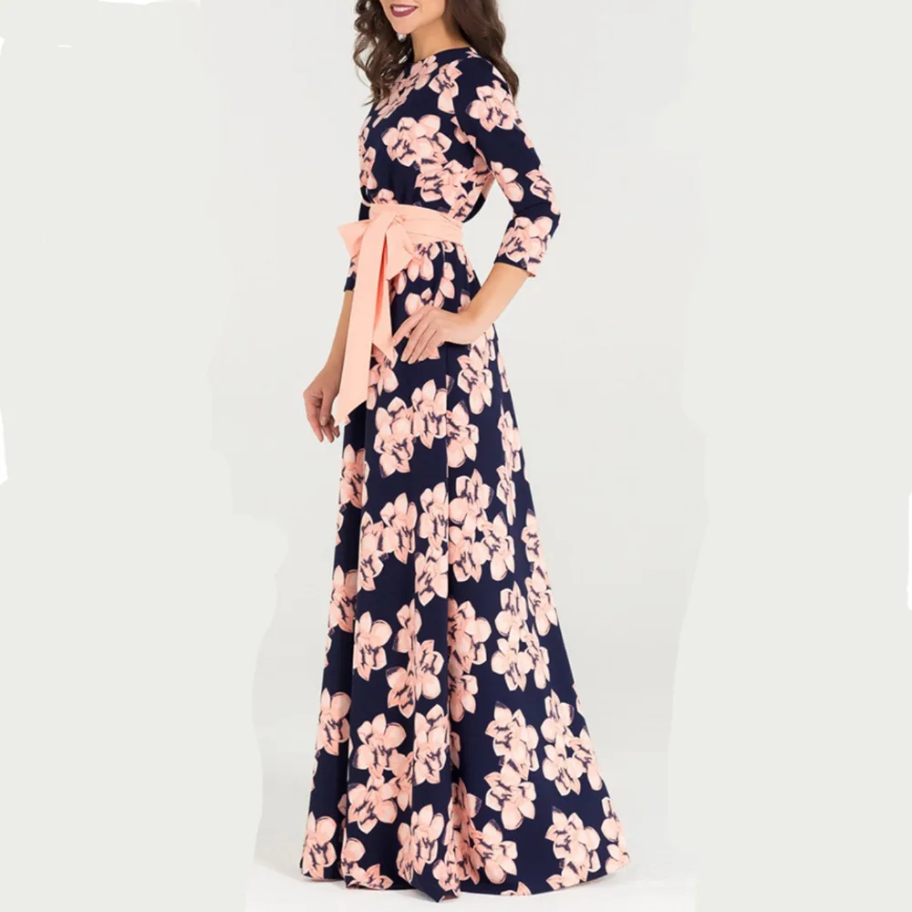 Элегантное весеннее Платье с принтом для женщин, с круглым вырезом, в свободном стиле, длинное вечерние платье, Лидер продаж, женские платья