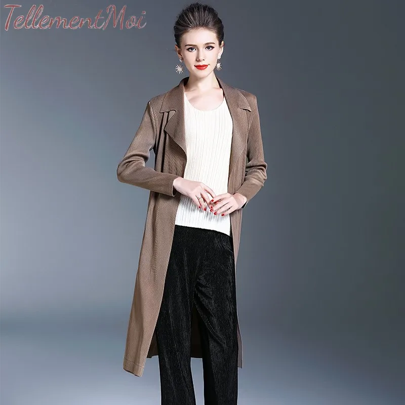Outerwear Women's Slim Long Coat Turn-Down Collar Trench Coat Long Sleeve Pleated Outwear Cardigan Office Ladies Wear